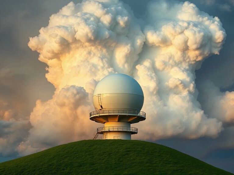A high-tech weather radar dome against a stormy sky, with beams scanning the atmosphere and digital data overlays showing pre