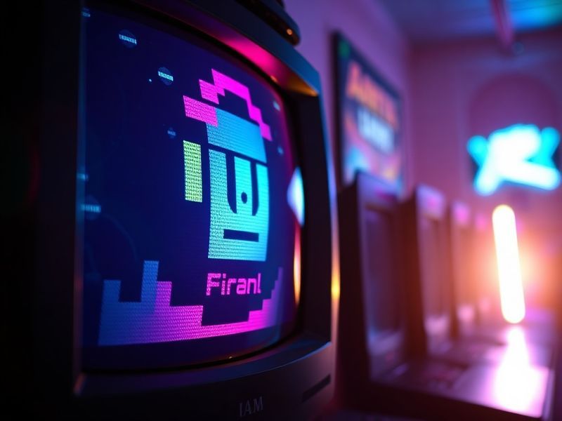 A vibrant digital illustration featuring a glowing pixelated character standing in a retro-futuristic cityscape at dusk, with