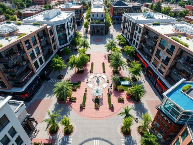 A vibrant daytime shot of Triangle Town Center's modern exterior, featuring outdoor terraces, shoppers walking between stores