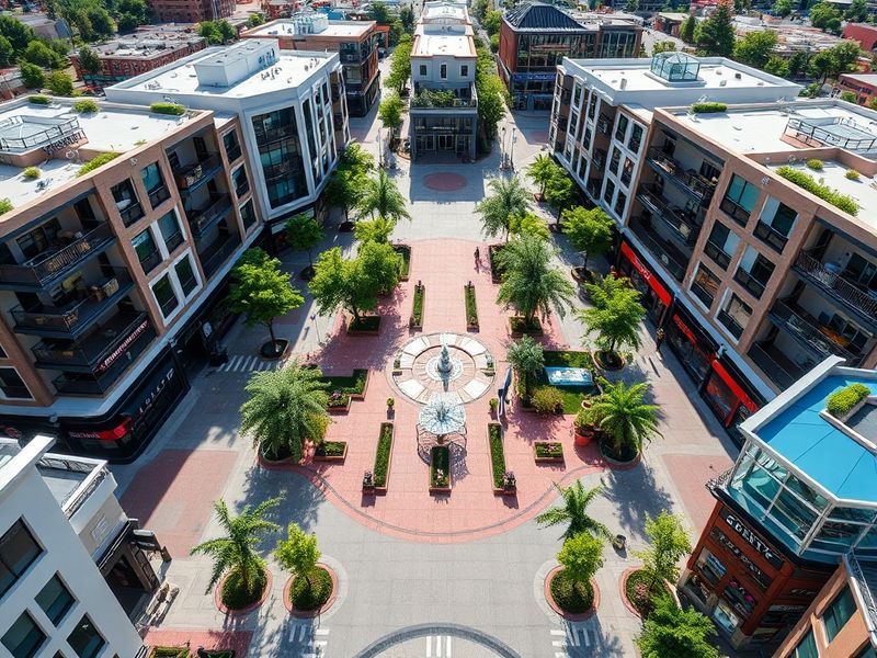 A vibrant daytime shot of Triangle Town Center's modern exterior, featuring outdoor terraces, shoppers walking between stores