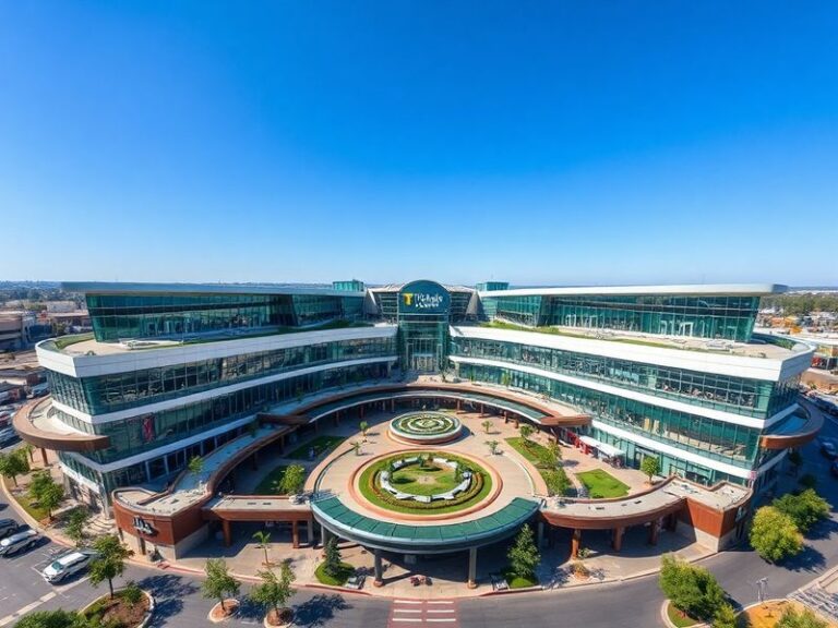 A vibrant daytime photo of Triangle Town Center’s modern exterior, showcasing its glass architecture, outdoor seating areas,