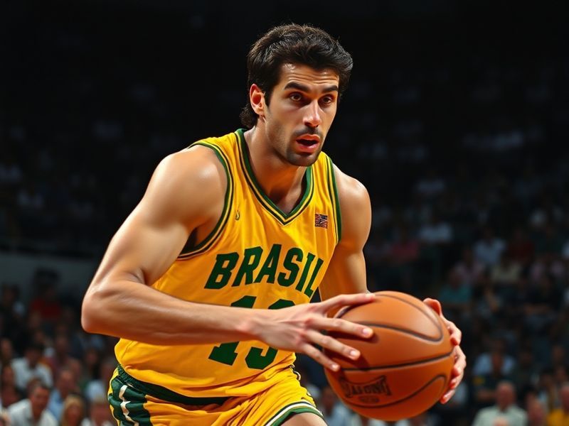 A dynamic action shot of Oscar Schmidt mid-jump shot during a game in Italy, wearing a Caserta jersey. The background shows a