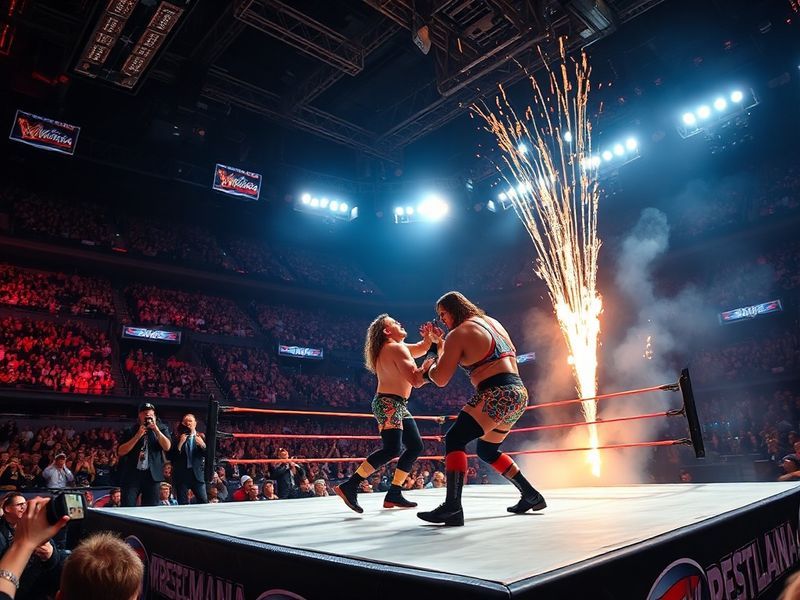 A vibrant, high-energy shot of a packed stadium under bright lights, with pyrotechnics exploding above the ring and a jumbotr