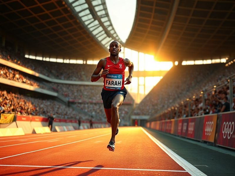 A dynamic action shot of Mo Farah mid-race, wearing his Team GB kit, with a determined expression. The background features an
