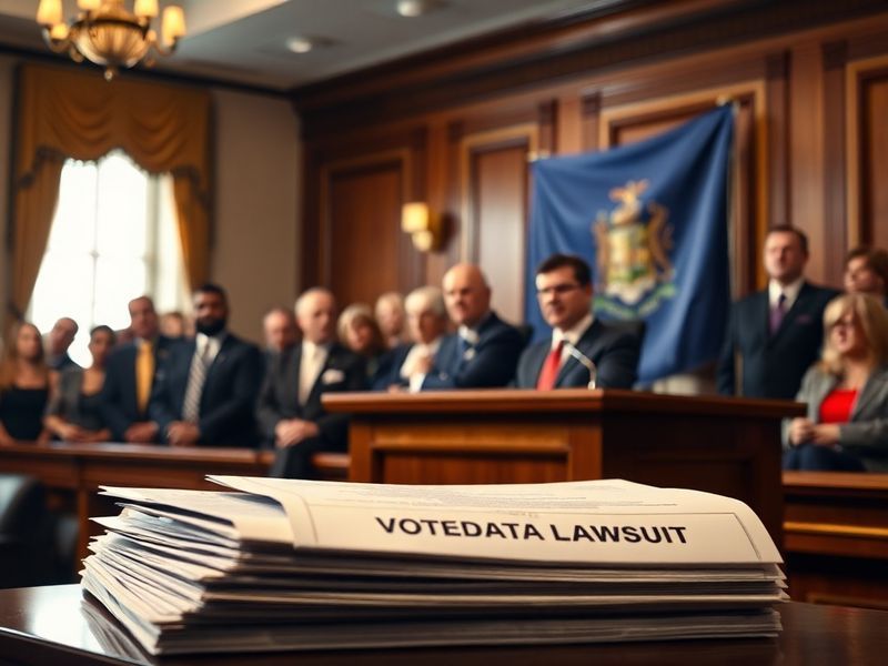 A courtroom sketch-style illustration showing a judge reviewing voter data documents, with a Rhode Island state seal visible