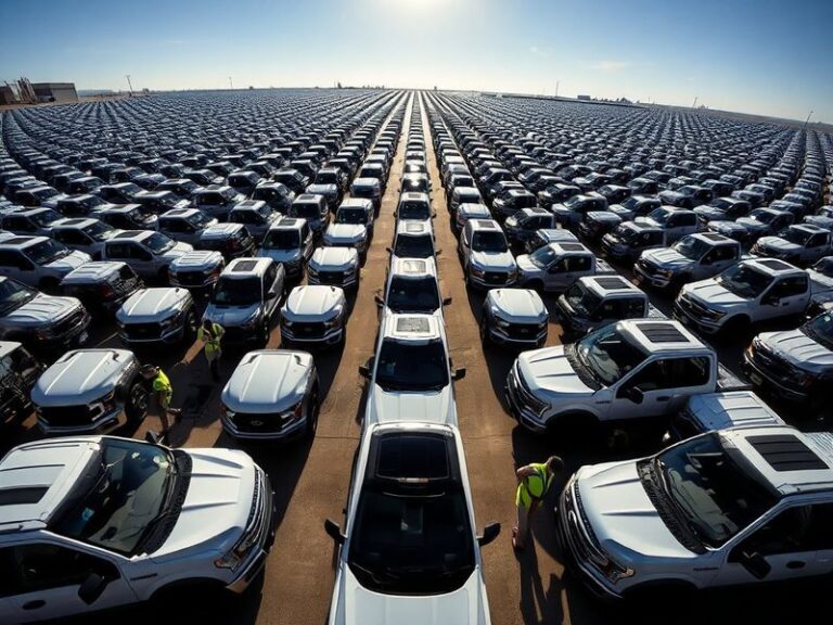 A red Ford F-150 pickup truck parked in a dealership lot, with a service technician inspecting the engine compartment. The se