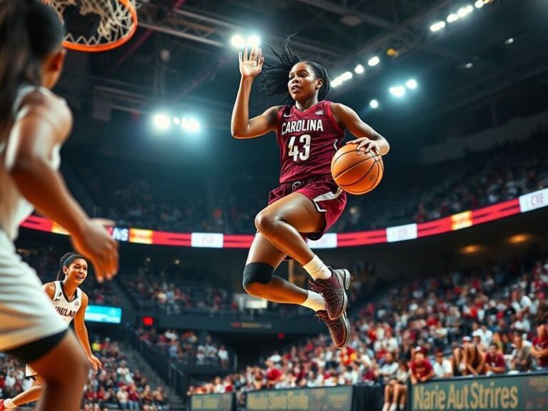 Aliyah Boston mid-game, wearing a South Carolina Gamecocks uniform, jumping to grab a rebound with a focused expression, surr