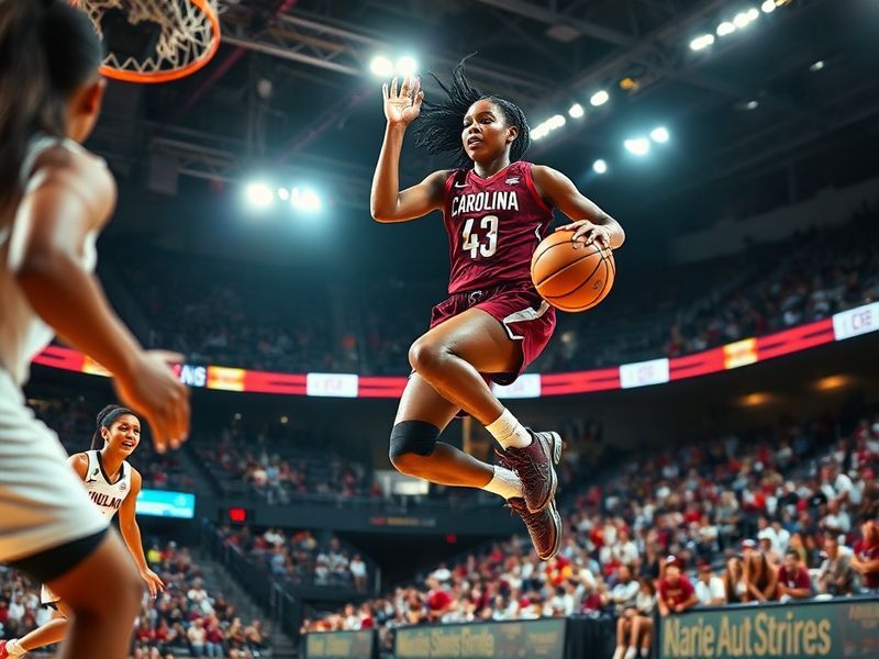 Aliyah Boston mid-game, wearing a South Carolina Gamecocks uniform, jumping to grab a rebound with a focused expression, surr