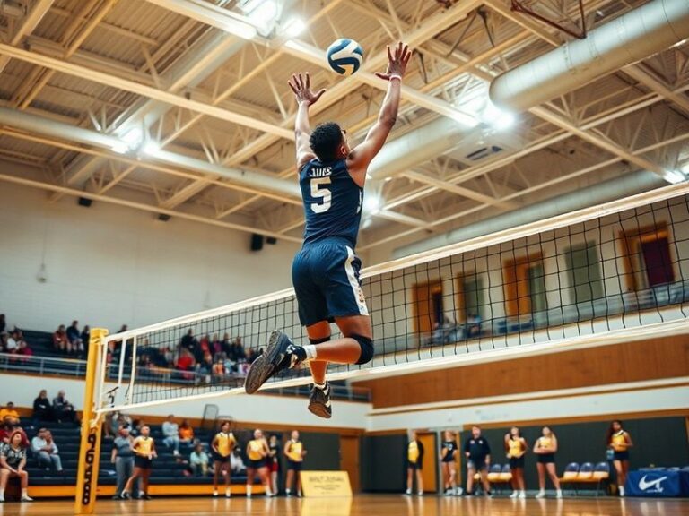 A dynamic action shot of Jordan Lucas in mid-set during a high-level volleyball match, wearing a blue and white uniform, with