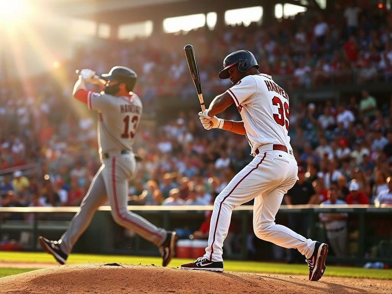 A split-screen image showing fans in Atlanta's Truist Park and Philadelphia's Citizens Bank Park, with players from both team
