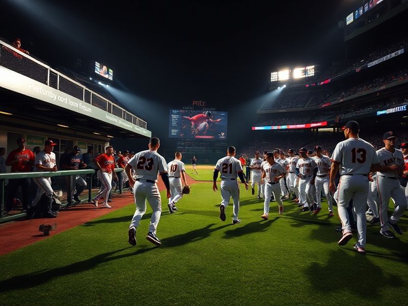 A split-screen image of Oracle Park in San Francisco and Nationals Park in Washington D.C., with players from both teams in a