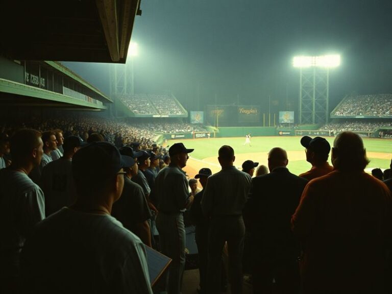 A split-image visual showing Yankee Stadium on one side with bright lights and corporate branding, and Kauffman Stadium on th