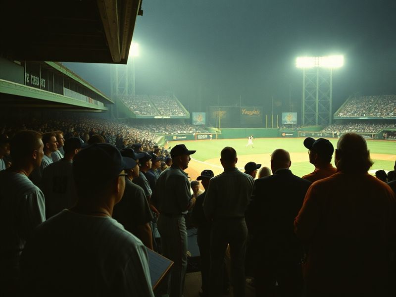 A split-image visual showing Yankee Stadium on one side with bright lights and corporate branding, and Kauffman Stadium on th