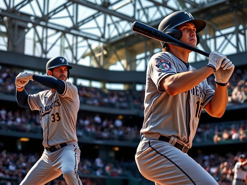 A vibrant split-screen image: left side shows a snow-dusted American Family Field in Milwaukee with Brewers fans bundled in w
