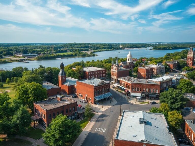 Aerial view of Portage, Wisconsin, showcasing the Wisconsin River, historic downtown brick buildings, and lush green parks un