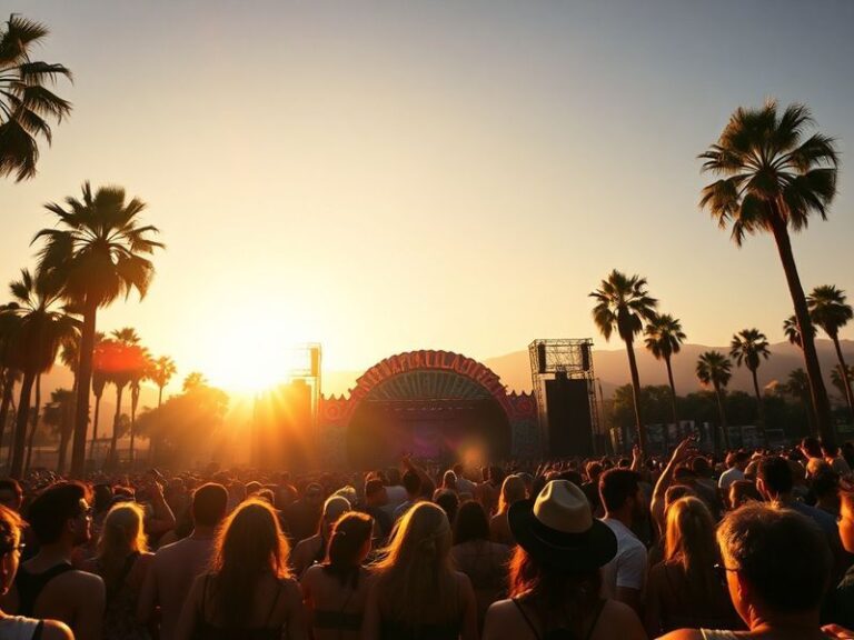A vibrant aerial shot of Coachella’s second weekend crowd, featuring colorful art installations, palm trees, and festival-goe