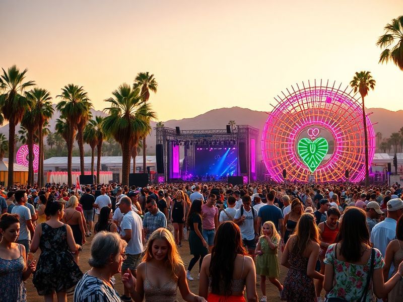 A vibrant aerial shot of Coachella’s main stage during Weekend 2, featuring a diverse crowd under neon lights, with palm tree