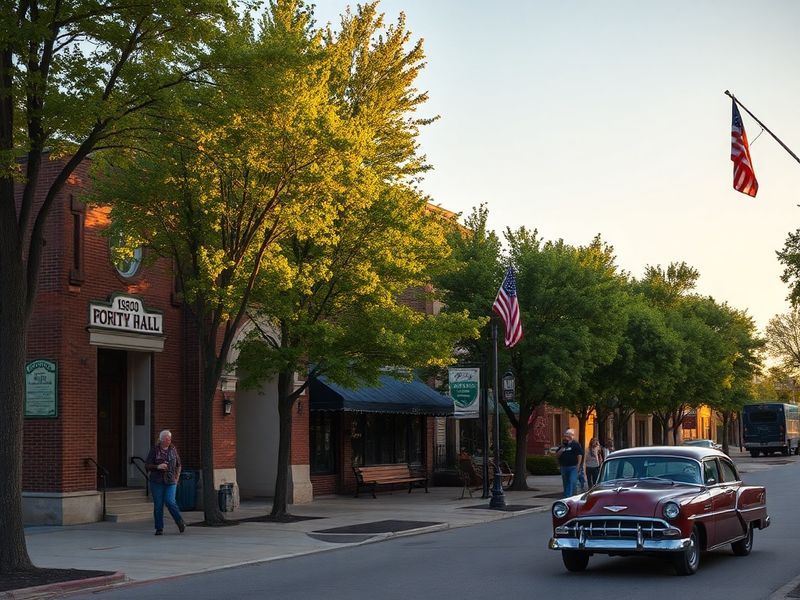 Aerial view of Portage, Wisconsin, showcasing the Wisconsin River, historic downtown buildings, and lush green parks under a