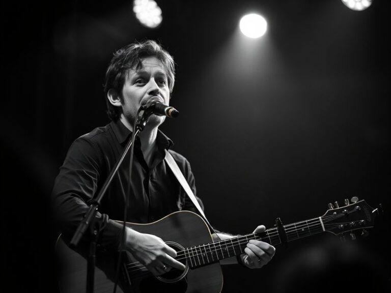 A mid-tone photo of Jack Savoretti performing on stage with warm stage lighting, wearing a casual dark shirt, holding an acou