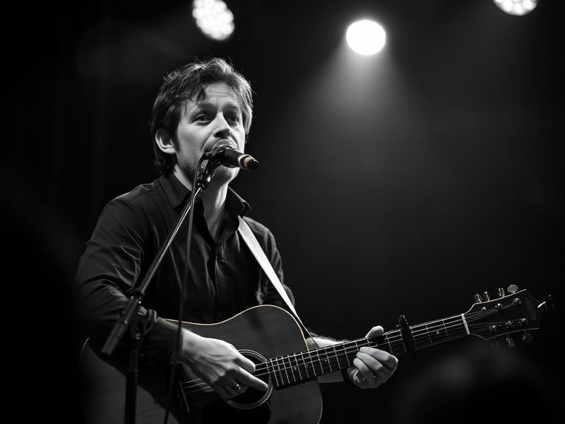 A mid-tone photo of Jack Savoretti performing on stage with warm stage lighting, wearing a casual dark shirt, holding an acou
