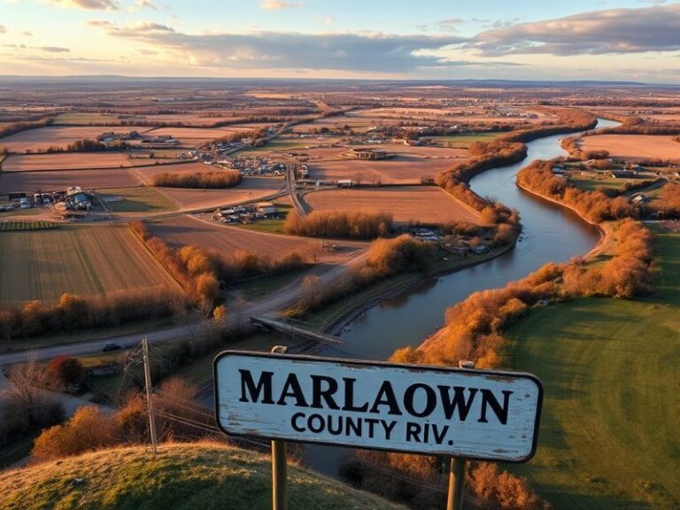 A scenic autumn landscape in Marathon County, Wisconsin, featuring rolling farmland, dense forests with vibrant fall colors,