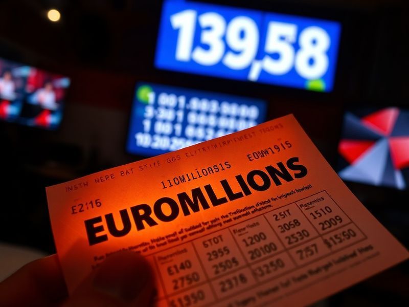 A split-screen image showing a person checking EuroMillions results on a smartphone, with a lottery ticket and gold coins in