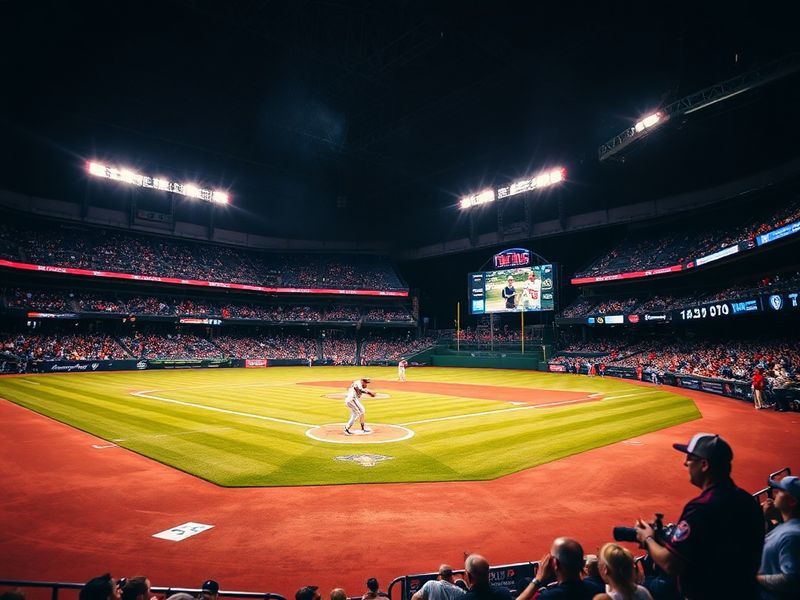 A split-image showing Cincinnati's Great American Ball Park on one side and Minnesota's Target Field on the other, with a vin