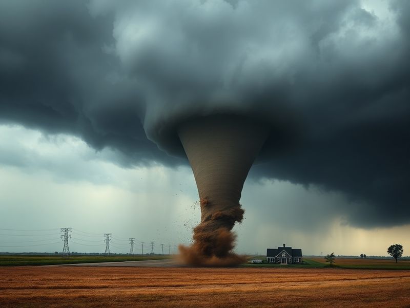A dramatic image of a large tornado forming over an open plain, with dark storm clouds swirling above and debris visible in t