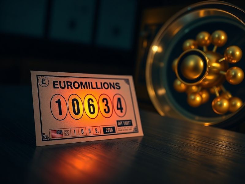 A split-screen image: on the left, a close-up of a lottery ticket with numbers circled in red; on the right, a celebratory cr