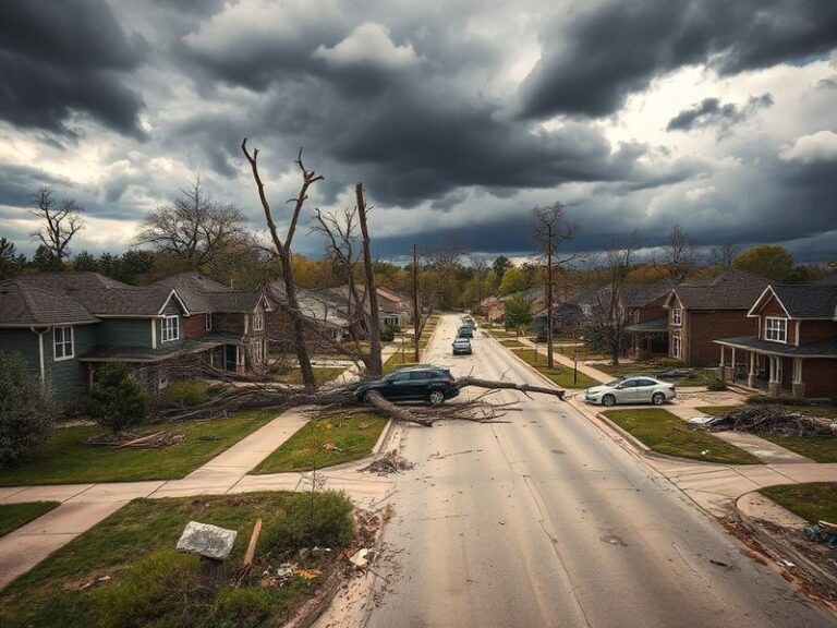 Aerial view of Madison’s west side showing damaged homes, uprooted trees, and emergency response vehicles. The sky is partly
