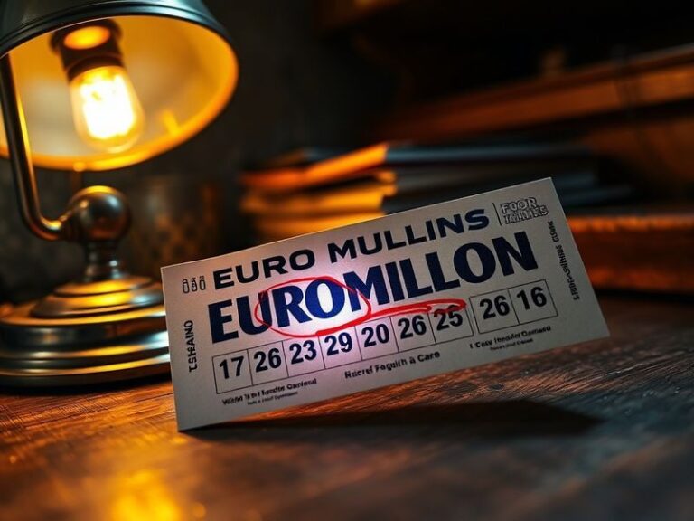 A vibrant scene of a European city at night with a large outdoor screen broadcasting EuroMillions results. People of diverse