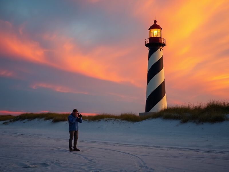 A panoramic view of Tybee Island’s lighthouse and sandy beaches at golden hour, with the Atlantic Ocean in the background and