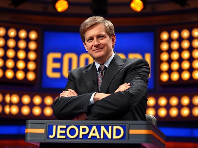 A split-image illustration: the left side shows Ken Jennings in his iconic Jeopardy! contestant pose, smiling confidently wit