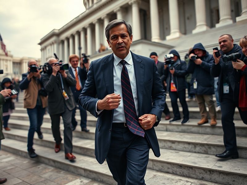 A split-screen image showing Kash Patel speaking at a podium on one side and a chaotic social media feed on the other, symbol