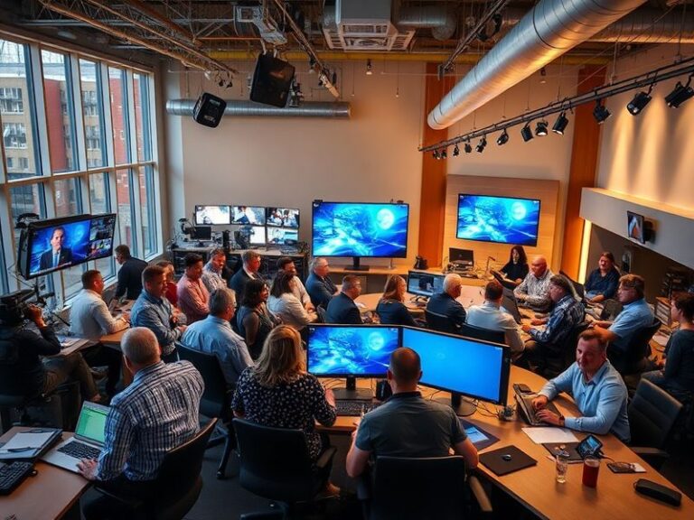 A vibrant scene of Nebraska Public Media's studio in Lincoln, featuring a diverse team of broadcasters and producers working