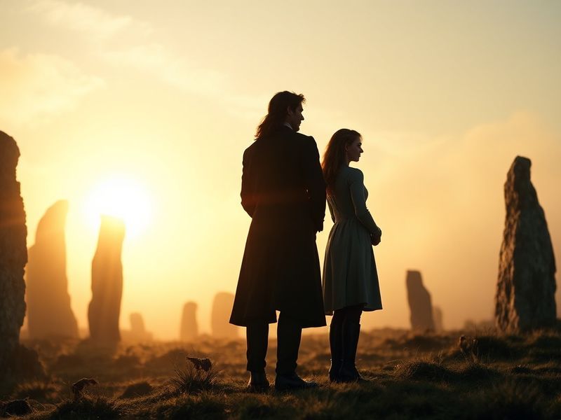 A cinematic shot of Claire and Jamie Fraser standing together in a misty 18th-century American forest, wearing period clothin