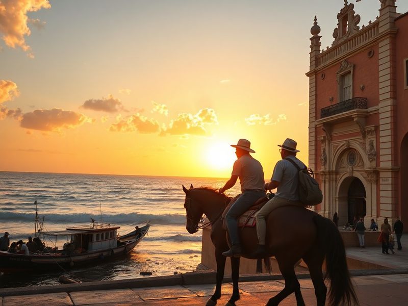 Side-by-side view of Mazatlán's beachfront malecón at sunset with colorful colonial buildings, contrasted against Querétaro's