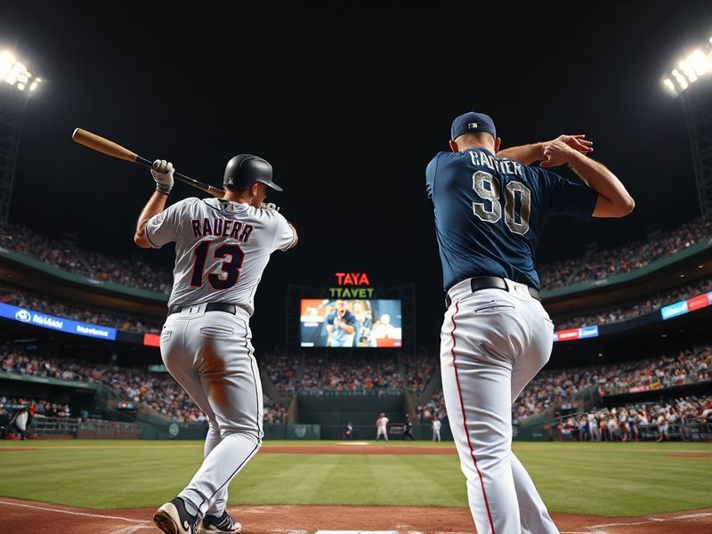 A photo of Globe Life Field in Arlington during a night game, showing the Texas Rangers dugout, Mariners players in the outfi