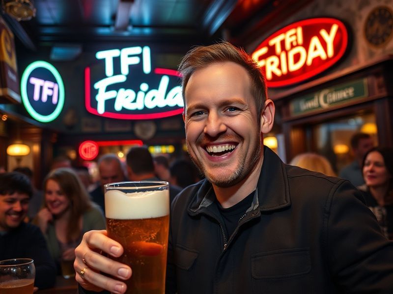 A vibrant promotional image of Chris Evans in a TGI Fridays apron, flipping a burger behind the counter with a neon sign in t