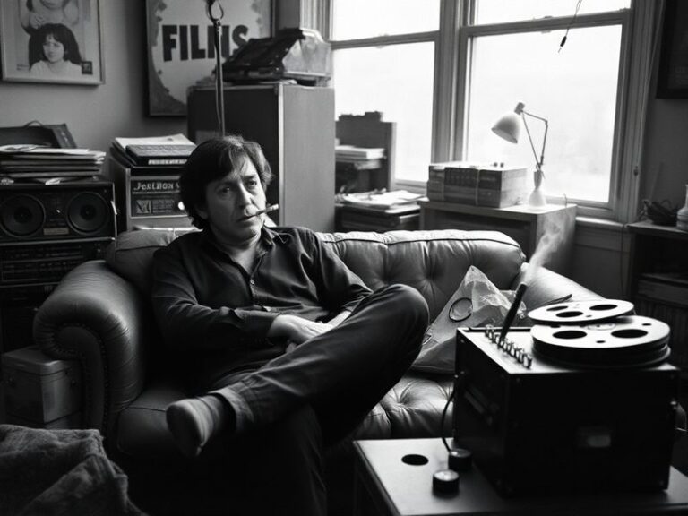 A mid-career portrait of Griffin Dunne in a casual but stylish setting, perhaps a film set or a New York City street. He has