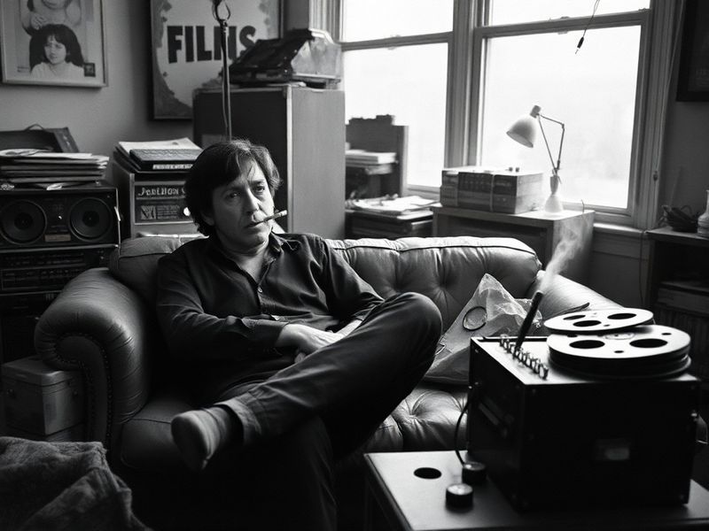 A mid-career portrait of Griffin Dunne in a casual but stylish setting, perhaps a film set or a New York City street. He has