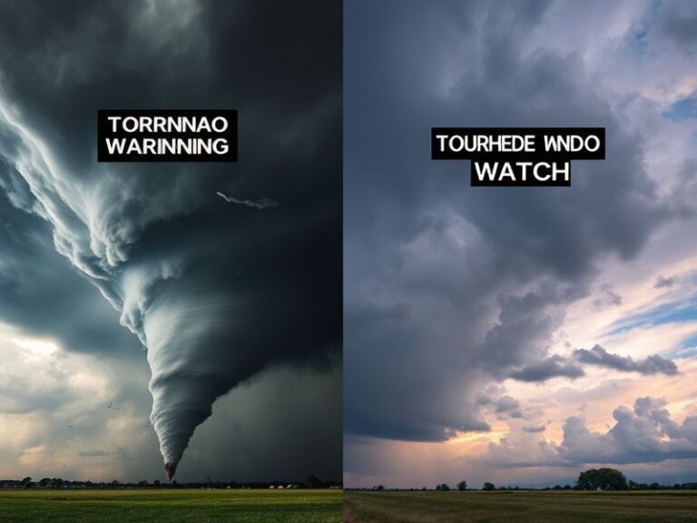 A split-screen image showing a dark, ominous sky with a tornado forming in the distance (left side) and a weather radar map h