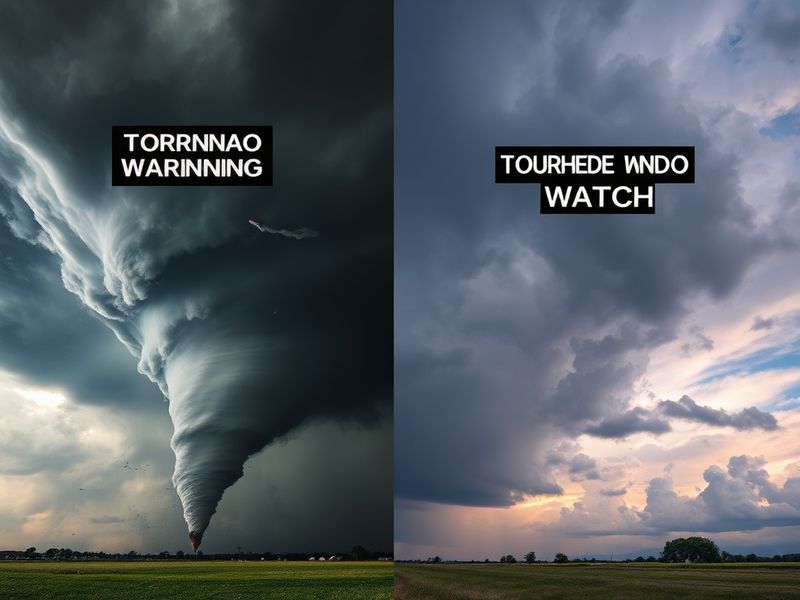 A split-screen image showing a dark, ominous sky with a tornado forming in the distance (left side) and a weather radar map h