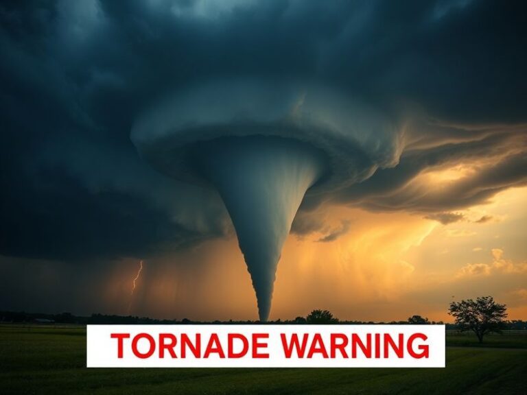 A split-image illustration showing a yellow tornado watch alert on one side and a red tornado warning alert on the other, wit