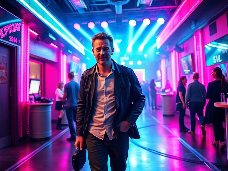 A split-screen image of Chris Evans laughing with Lauren Sánchez on the TF Friday set, with a vibrant studio background and w