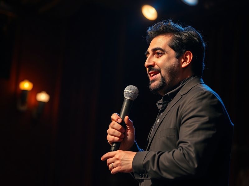 A candid photo of Ramy Youssef on stage during a stand-up performance, illuminated by warm stage lights. He holds a microphon