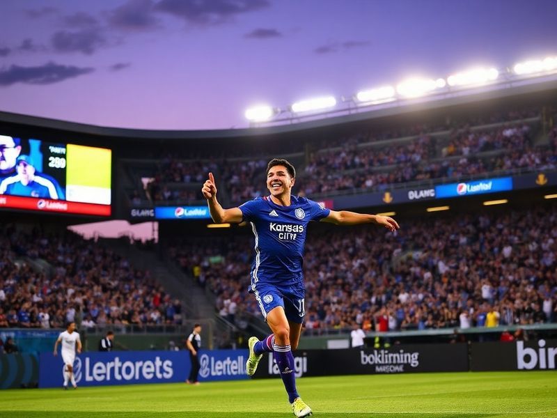 A dynamic action shot of Sporting KC and Vancouver Whitecaps players battling for the ball in a packed stadium, with the Kans