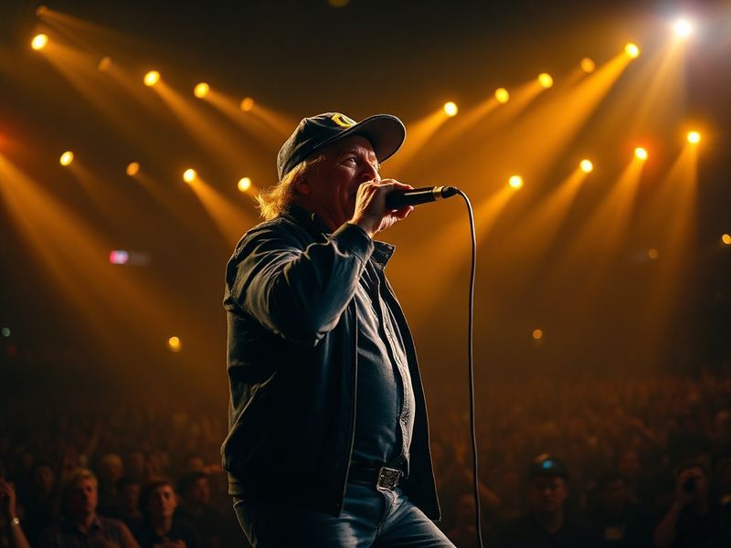 A dynamic concert photo of Brian Johnson performing on stage with AC/DC, wearing his signature black hat and sunglasses, bath