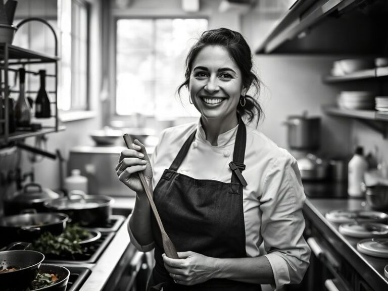 A cinematic portrait of Nadia Fares in a creative studio setting, surrounded by film reels, books, and cultural artifacts. Wa