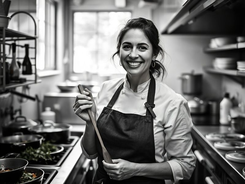A cinematic portrait of Nadia Fares in a creative studio setting, surrounded by film reels, books, and cultural artifacts. Wa